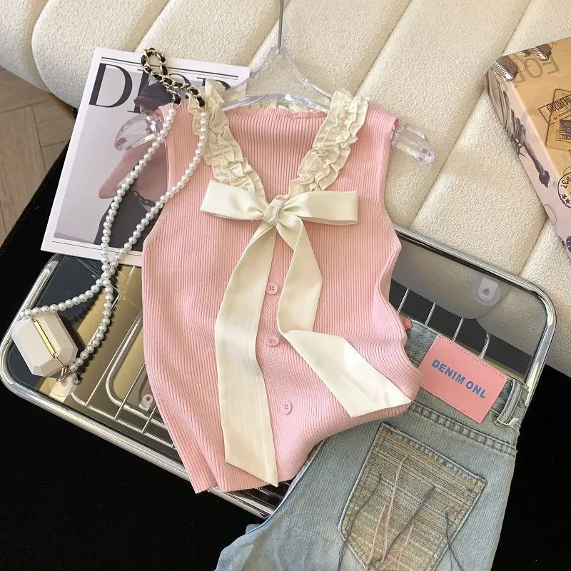 2024 New Summer Korean Edition Sweet Chic Slim Fit Knitted Sleeveless Tank Top with Contrast Bow Folds Women\'s T-shirt Top