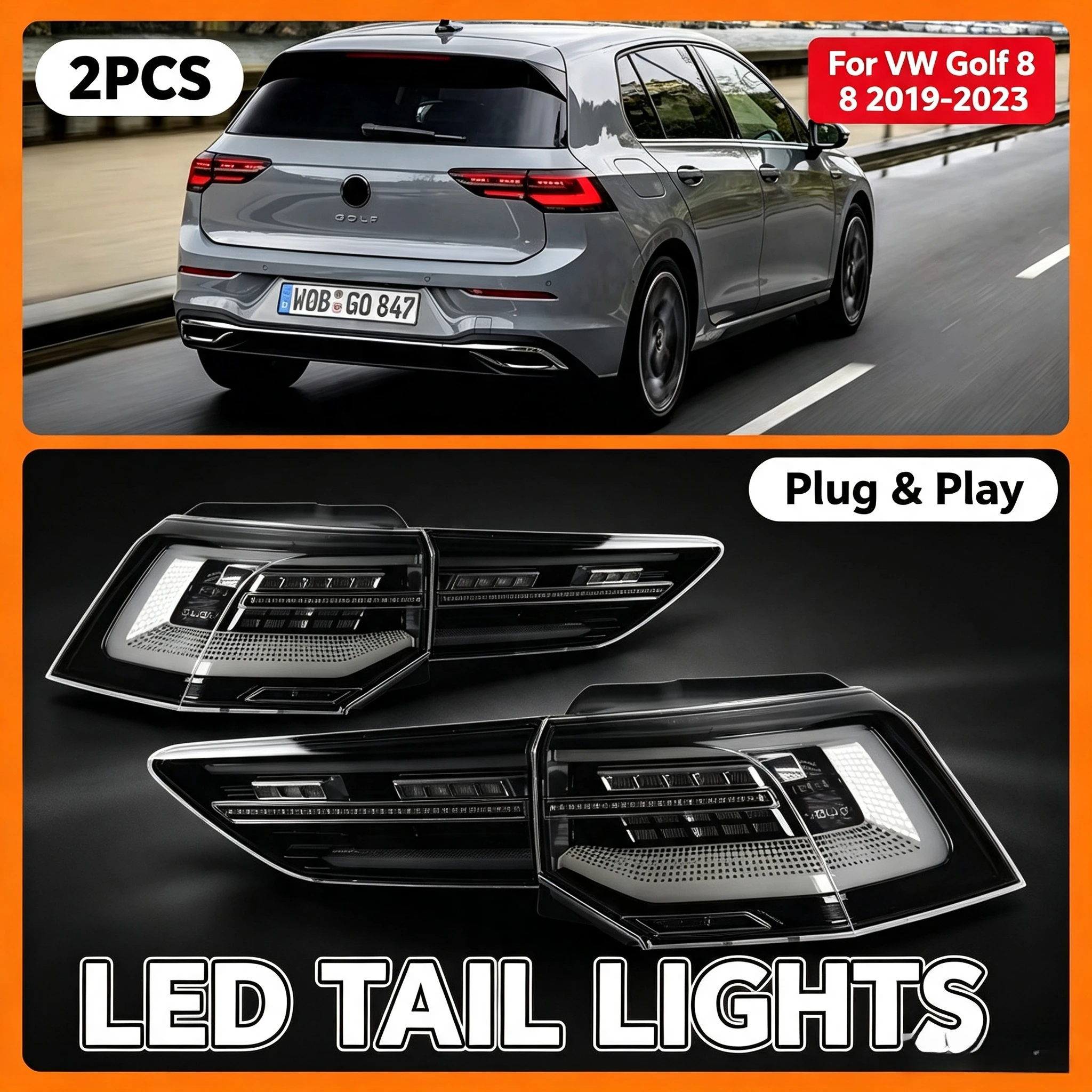 LED-Rücklicht für VW Golf MK8 2019-2023, Rücklicht mit DRL-Animation und Bremslichtfunktion