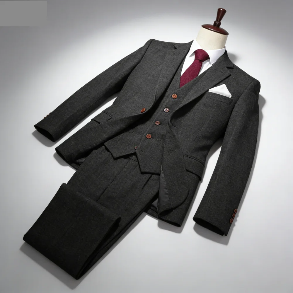 

Terno masculino 3 peças exército verde tweed formal lapela entalhe regular casamento noivo banquete trabalho smoking conjunto ja