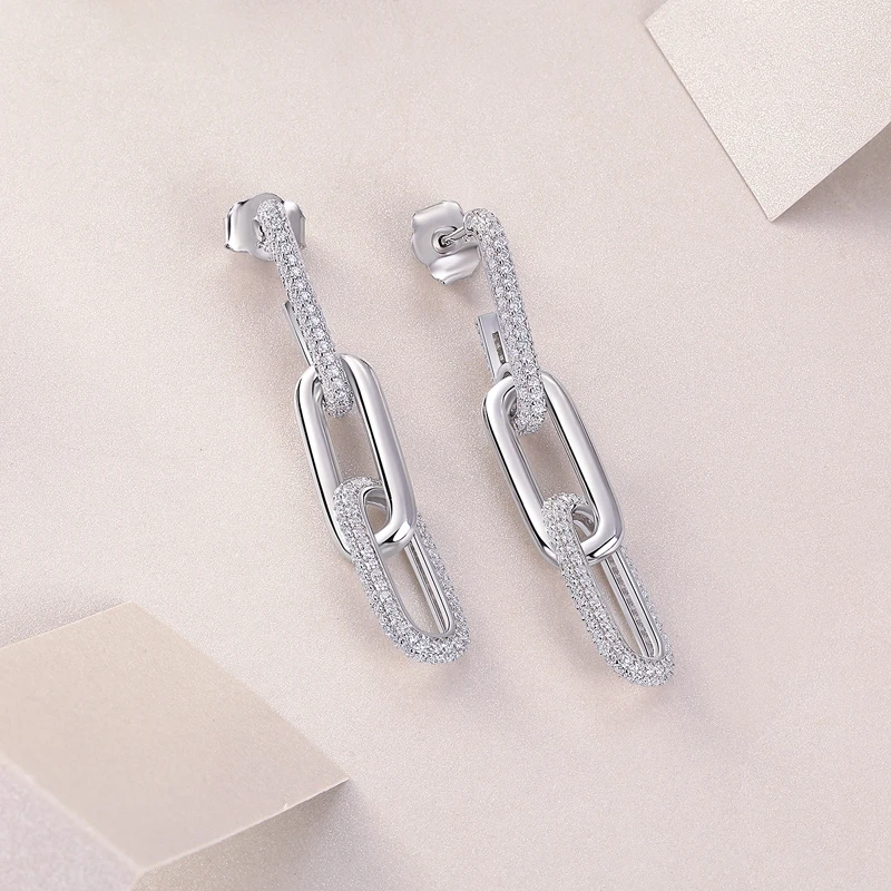 NKHOG 1mm Moissanite Drop Earrings Women 925 Sterling Silver Paperclip Link Ear Studs Gifts Party Fine Jewelry Pass Diamond Test