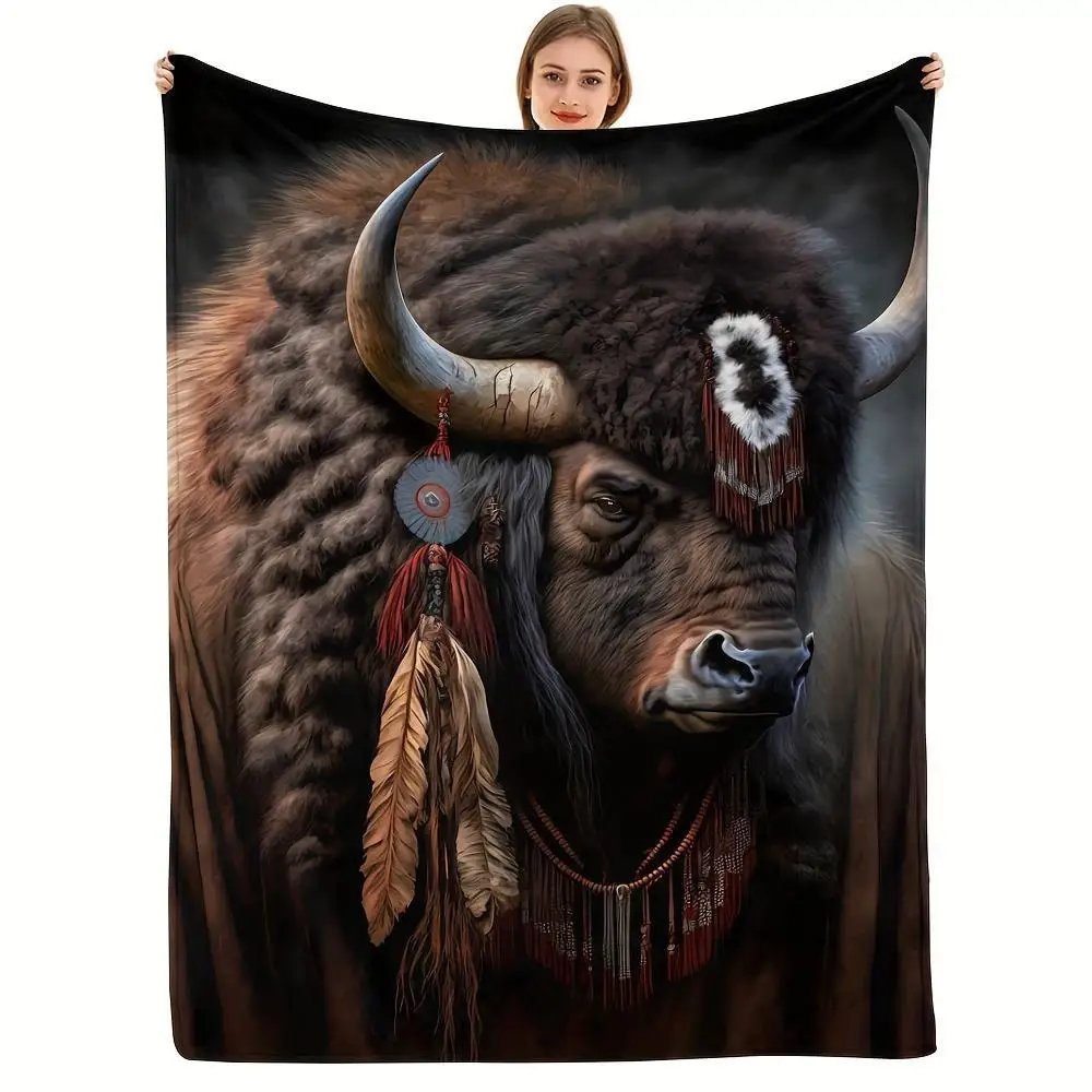 Oversized Bison Head Throw Blanket Boho Chic Tribal Sherpa Plush Fleece Wildlife Wall Home Decor Rustic Cozy Couch Throw Gift
