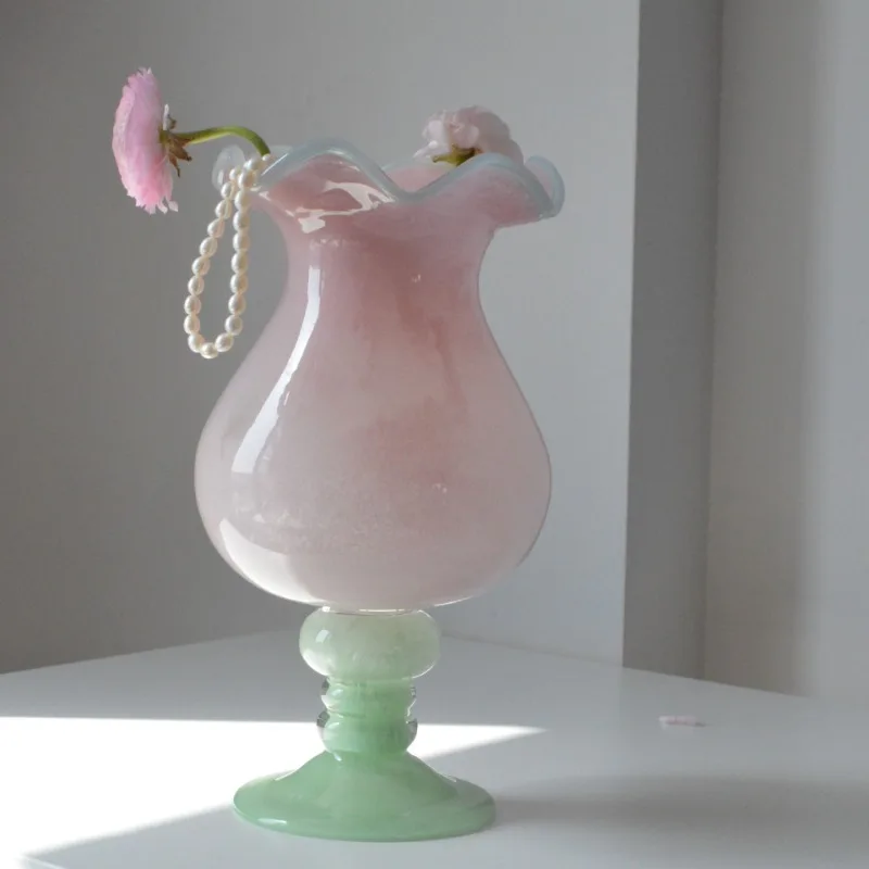 French Retro Pink Vase Tall Lily of The Valley Wind Lamp Vase Premium Glass Flower Arrangement Ornament Floreros Altos Ваза