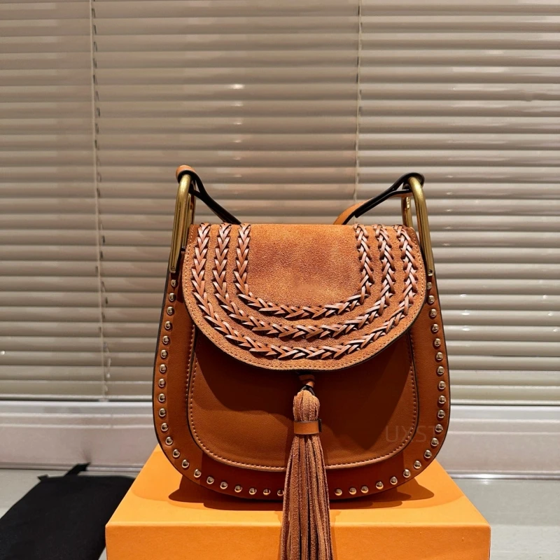 UXST Vintage Brown Suede Tassel Saddle Bag Popular Metal Rivet Flap Pocket Shoulder Bag High Quality Leather Woven Crossbody Bag