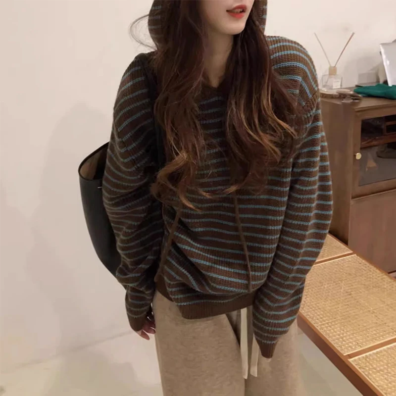 MEXZT Vintage Hooded Sweater Women Harajuku Striped Knitted Pullovers Fall Winter Streetwear Long Sleeve Knitwear Korean Jumpers