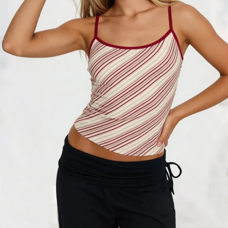 Women's Y2K Vintage Striped Cami Top Contrast Binding Spaghetti Strap Tank Top American Retro Stripes Slim Fit Camisole
