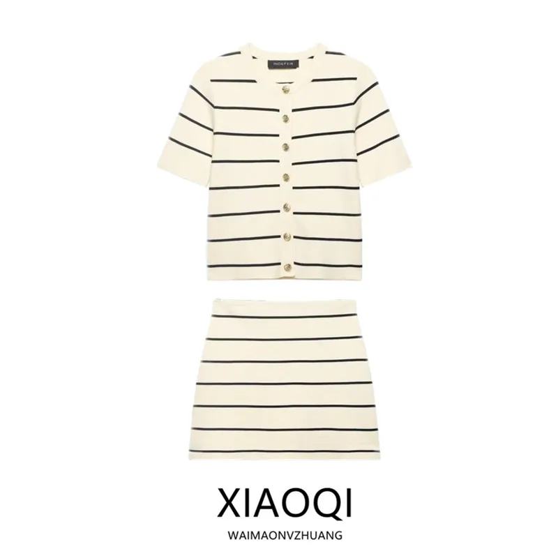

Spring 2026 Women's round Neck Striped Short Sleeve Knitted Jacket Skirt Set New Arrival Elegant Fashionable Ladies' Outfit