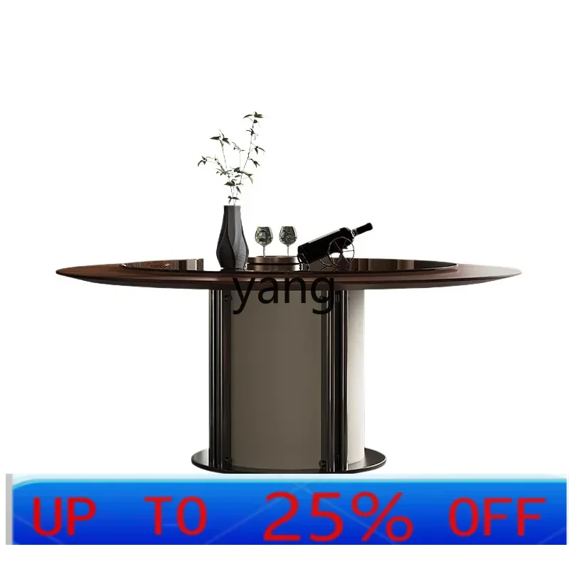 

LTT minimalist light luxury walnut solid wood round dining table leather veneer high-end dining table and chairs