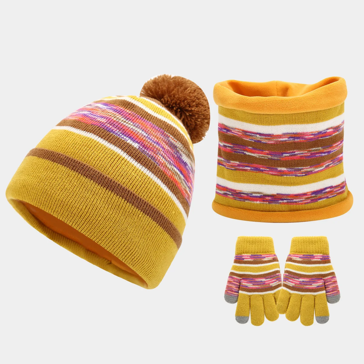 3pcs set children winter hat snood gloves striped knitting fleece-lined duble layers plush kids winter beanies scarf sets 3-8Y