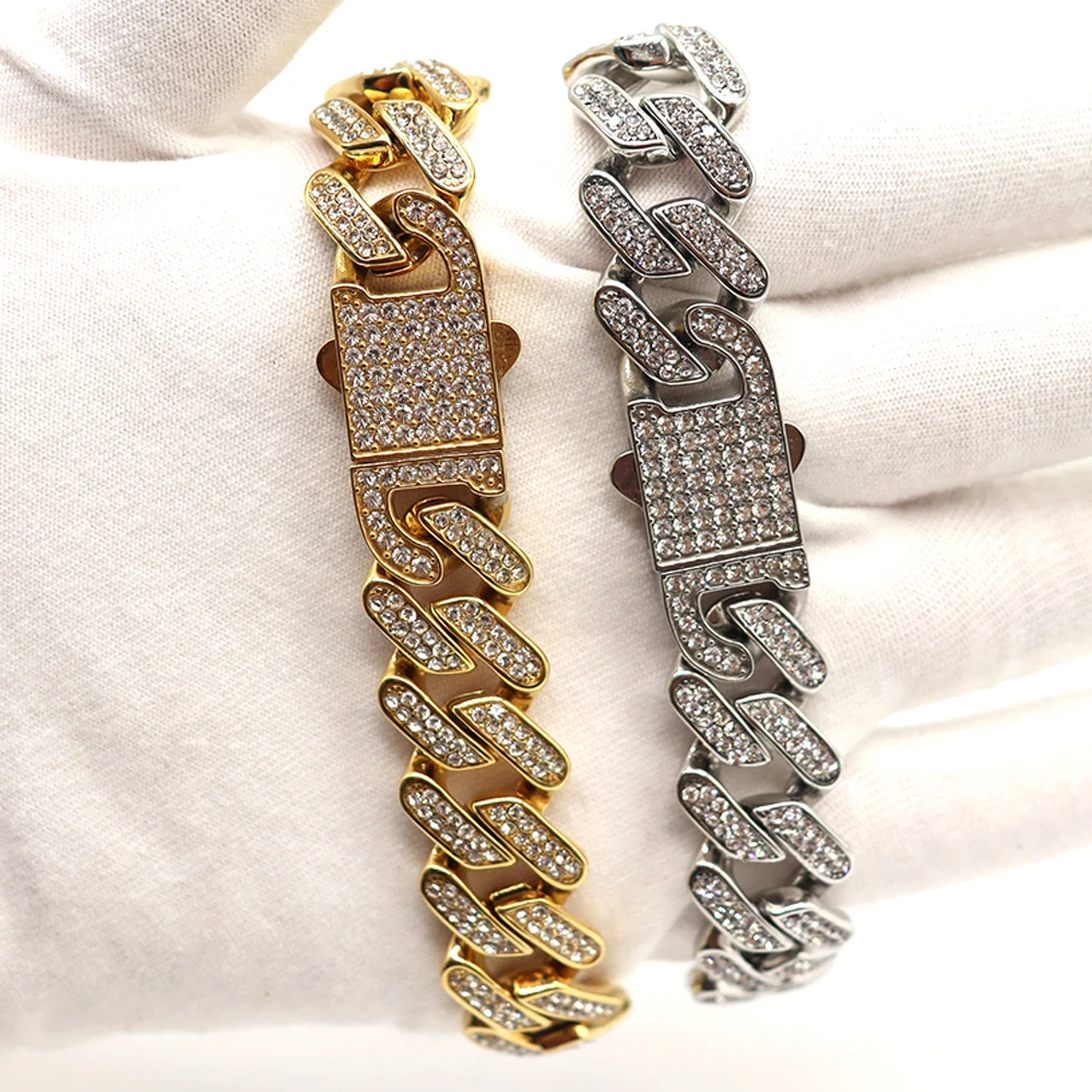 316L Stainless Steel Cuban Chain Iced Out Bracelets for Men No Fade Hip Hop Jewelry Gold Silver Color Gift Free Shipping