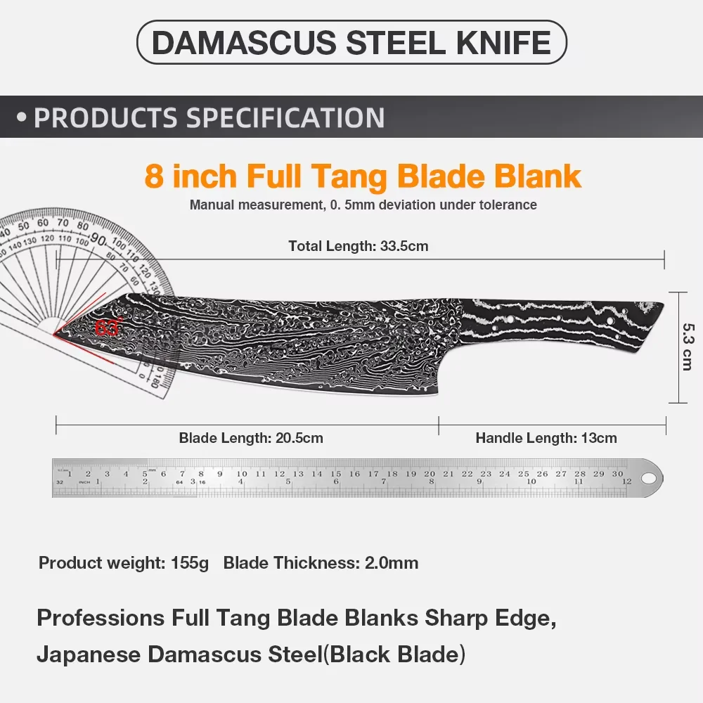 Damascus Steel Kiritsuke Knife Blank Black Blade 8inch DIY Handmade Custom Blank Heat-treated Sharp Edge Full Tang Chef Knives