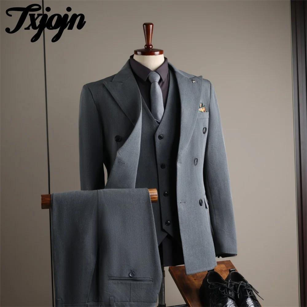 Classic Double Breasted Suit Set 3PCS 2025 For Wedding Formal Peak Lapel Men Suit Classic Solid Color Slim Suit For Groom Suit - Image 4