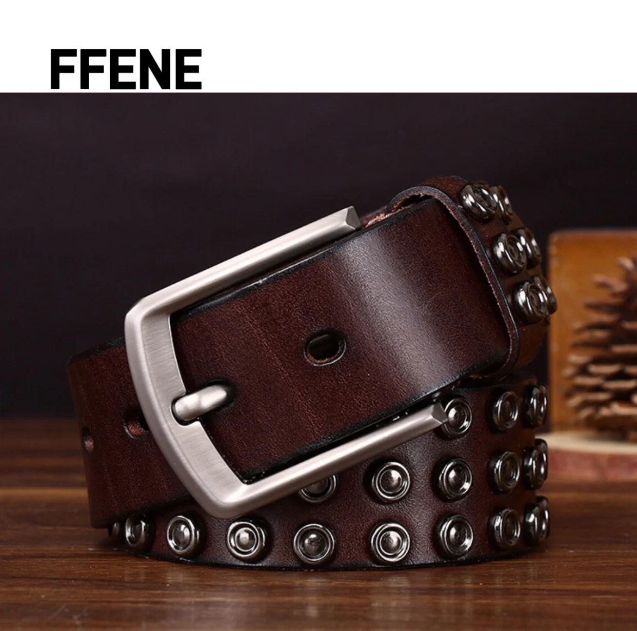 

Hot-selling handmade first-layer cow leather belt, men's genuine leather, fashionable, individual, punk, rivet, motorcycle