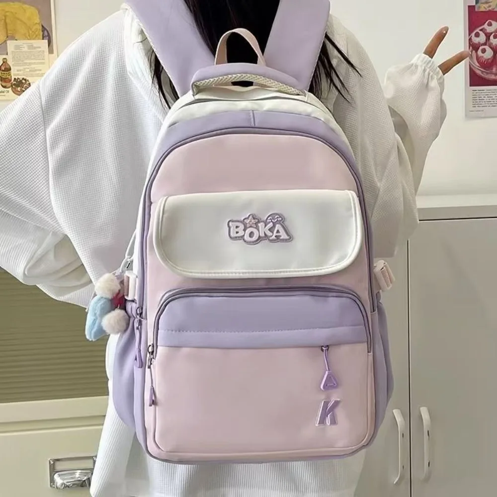 Contrast Color Shoulder Backpack Large Capacity Nylon Travel Laptop Rucksack Wear-resistant Multi-pockets Student School Bag