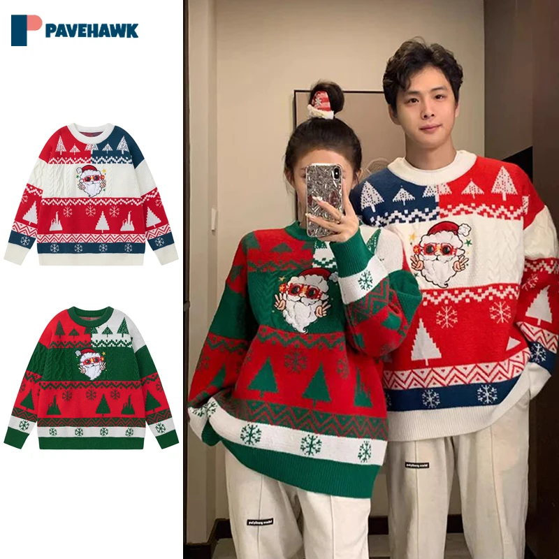 

Fun Santa Claus Jacquard Knitted Sweaters Man Woman Harajuku Patchwork Knit Pullover Christmas Elements Couple Loose Jumpers New