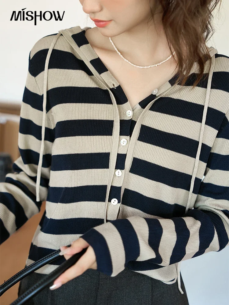 MISHOW Blended Striped Knitted Cardigan for Women Autumn Korean Hooded V Neck Streetwear Casual Versatile Tops MXC43Z0210