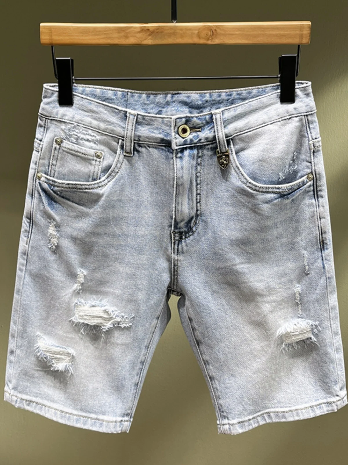 

Summer New Style Men's Slim Fit Straight Leg Casual Jeans Hole Cotton Stretch Denim Shorts Trendy Four Five Split Pants