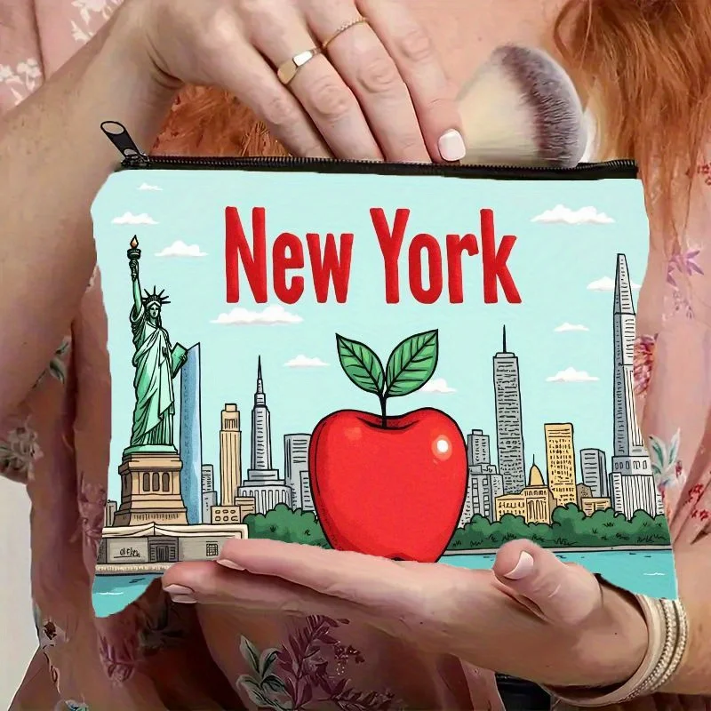 1 Piece New York Skyline and Big Apple Pattern Makeup Bag - Multifunctional Zipper Pouch for Women, Perfect Travel Zipper Storage Bag, Fun Birthday Gift
