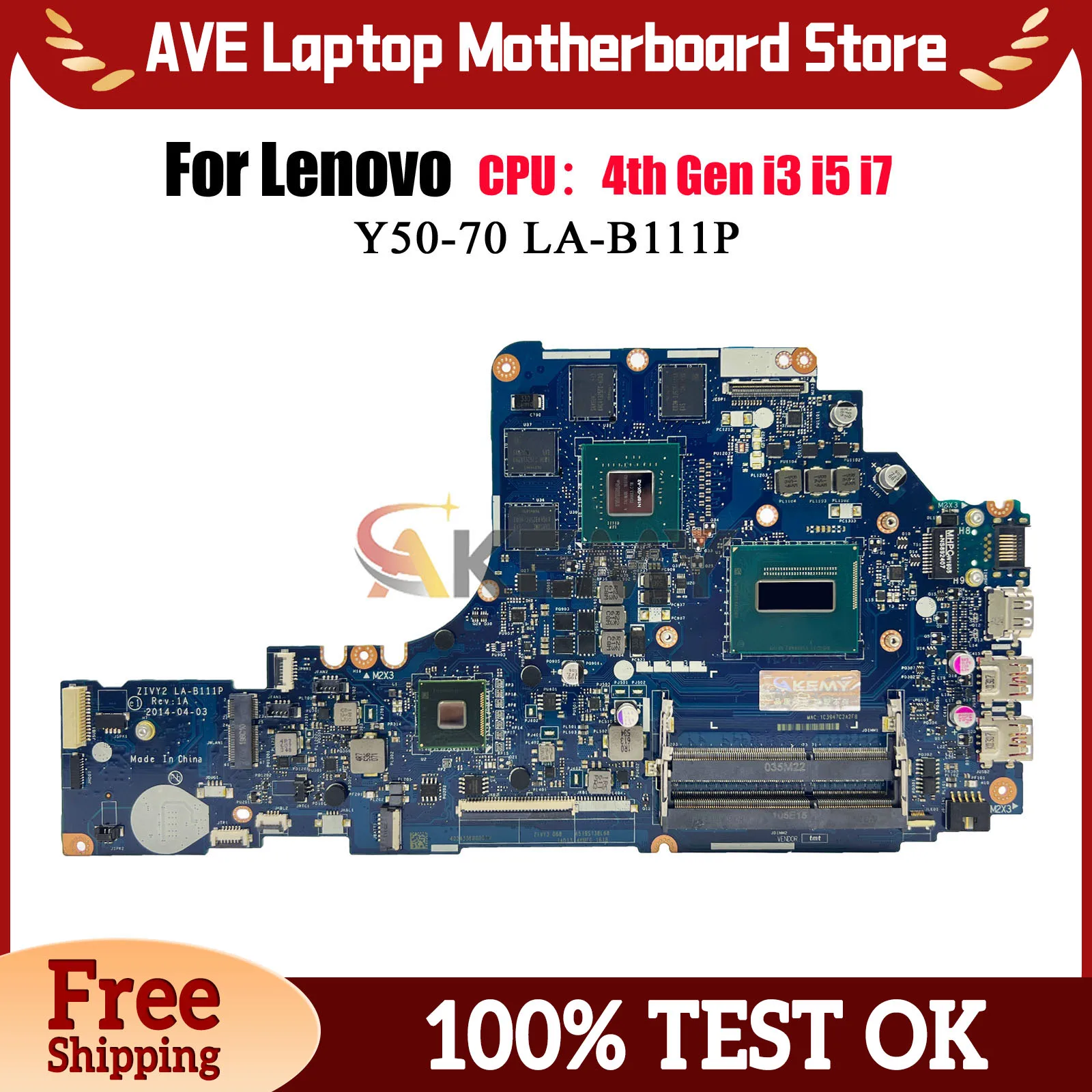 

LA-B111P For Lenovo Ideapad Y50-70 Laptop Motherboard with i5 i7 4th Gen GTX960M 860M 2GB 4GB GPU 100% Fully Tested
