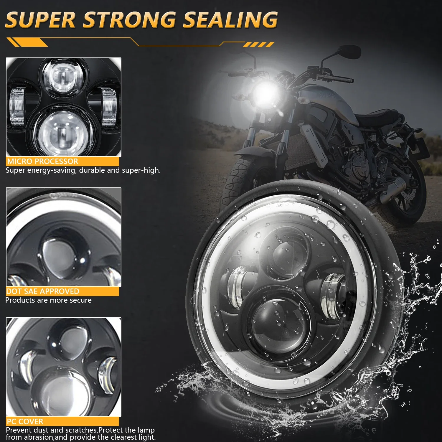 MONDEVIEW Motorcycle Four Lens Daytime Running Light 7-inch LED Light+lamp Housing Set 200W 6000K 20000LM Harley Headlights