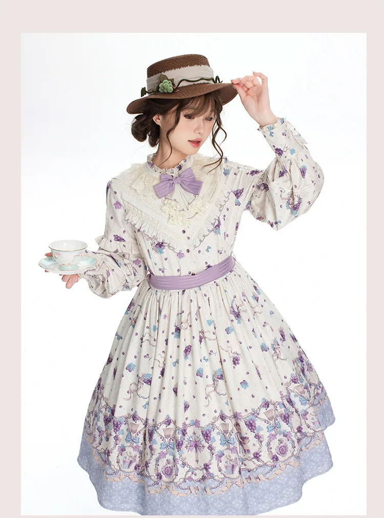 เดรสลายหมีวินเทจพิมพ์ลายองุ่น CLA ชุดเดรสยาวสไตล์โลลิต้า แขนยาว สำหรับฤดูใบไม้ผลิและฤดูใบไม้ร่วง สีดำ สีม่วง ชุดเดรส OP สำหรับผู้หญิง