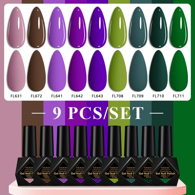 

9PCS Gel Nail Polish Set Green Nude Red Multi-Color Classic Shades Long Lasting Soak Off UV LED Nail Art Manicure Salon DIY