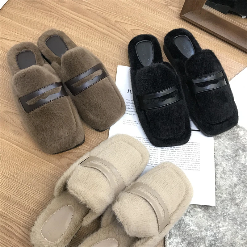 

New Style Concise Square Toe Fur Mule Shoes Woman Winter Lazy Loafer Slippers Ladies Slip-on Capable Style Flat Plush Shoes