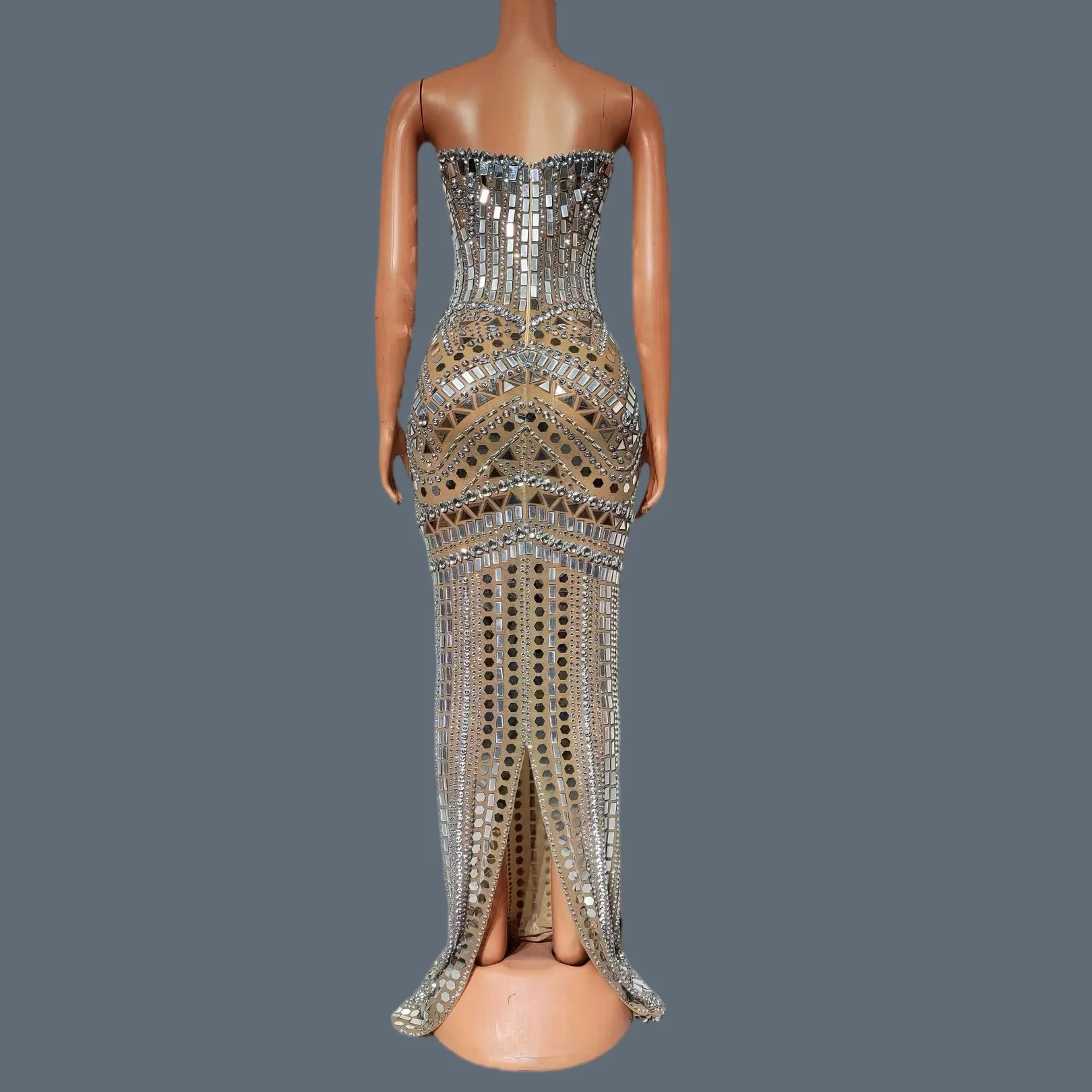 Sparkly Rhinestone Sequins Strapless Long Dresses Sexy Women See Through Mesh Evening Gown Night Club Prom Party Outfit Guangsu