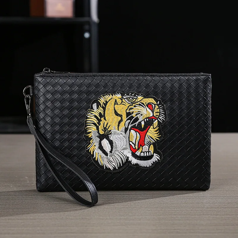 Clutch Men's Tiger Head Knitting Embroidered Clutch Bag Soft Pu Leather Black Phone Handbag Fashion Male Business Envelop Clutch