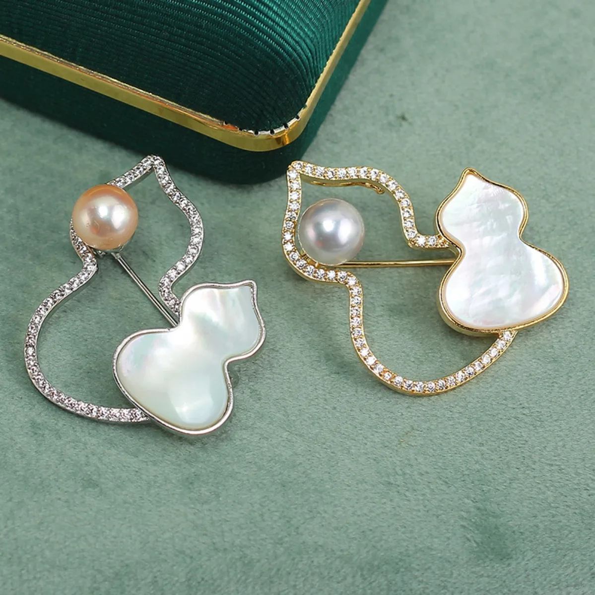 Brass Gold Plated Gourd Brooch Blank, Mother of Pearl & Zircon Pin, DIY Setting for Pearl Jade Amber Corsage Accessory
