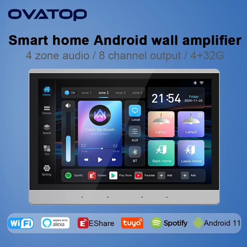 10 Inch Touch Screen 4 zone audio in wall amplifier TUYA Smart home controls panel Android 11 system WIFI bluetooth music player