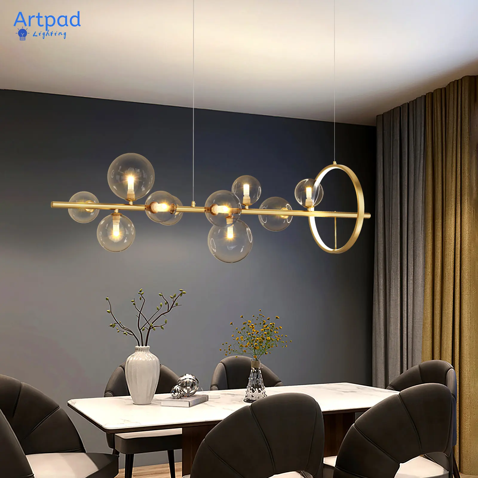 Lampadario moderno in oro lucido Illuminazione a LED Paralume a bolle di vetro nordico per sala da pranzo Lampada a sospensione a sospensione nera