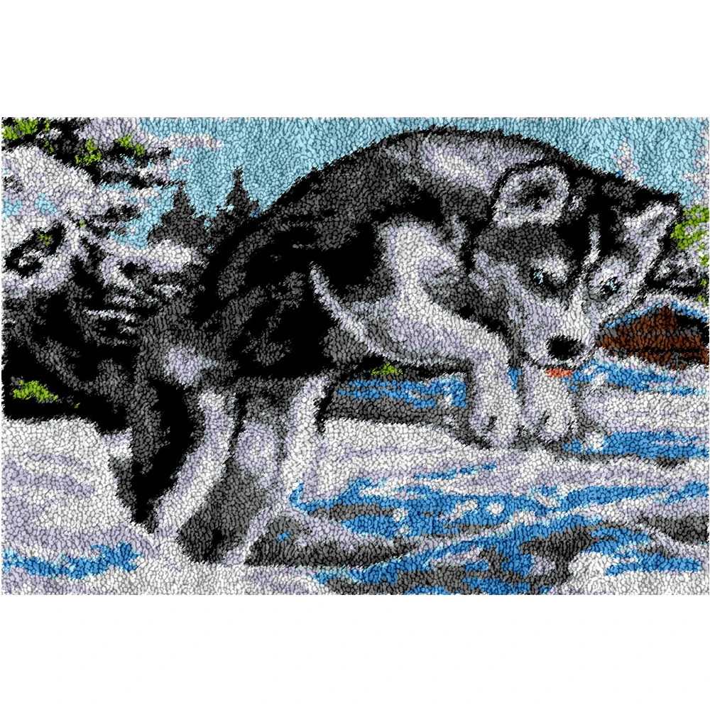 Wolf Latch Hook Rug Kits Tapestry Making Kits Crochet Needlework Crafts for Adults with Pre-Printed Canvas Pattern Home Decor