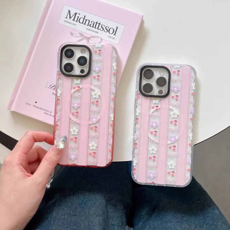 

Cherry Bowknot Transparent Border Magnetic Phone Case Cover for IPhone 16 15 14 13 Pro Max Case