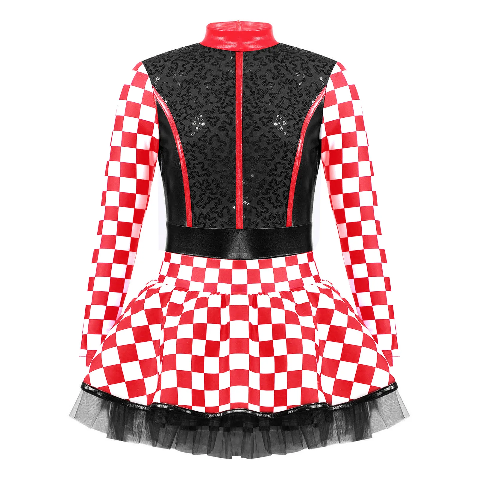 

Halloween Kids Girls Racer Racing Driver Costume Checkerboard Long Sleeve Mock Neck Sequin Patchwork Jumpsuit for Cosplay Party