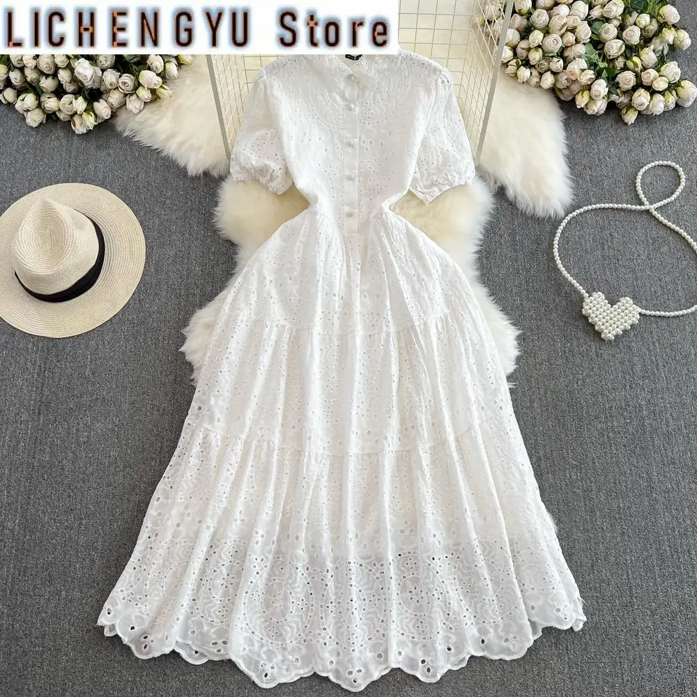 New Hollow Out Embroidery Lapel Lace Solid Color High Waist Sweet Style Chic Women's Dress Summer