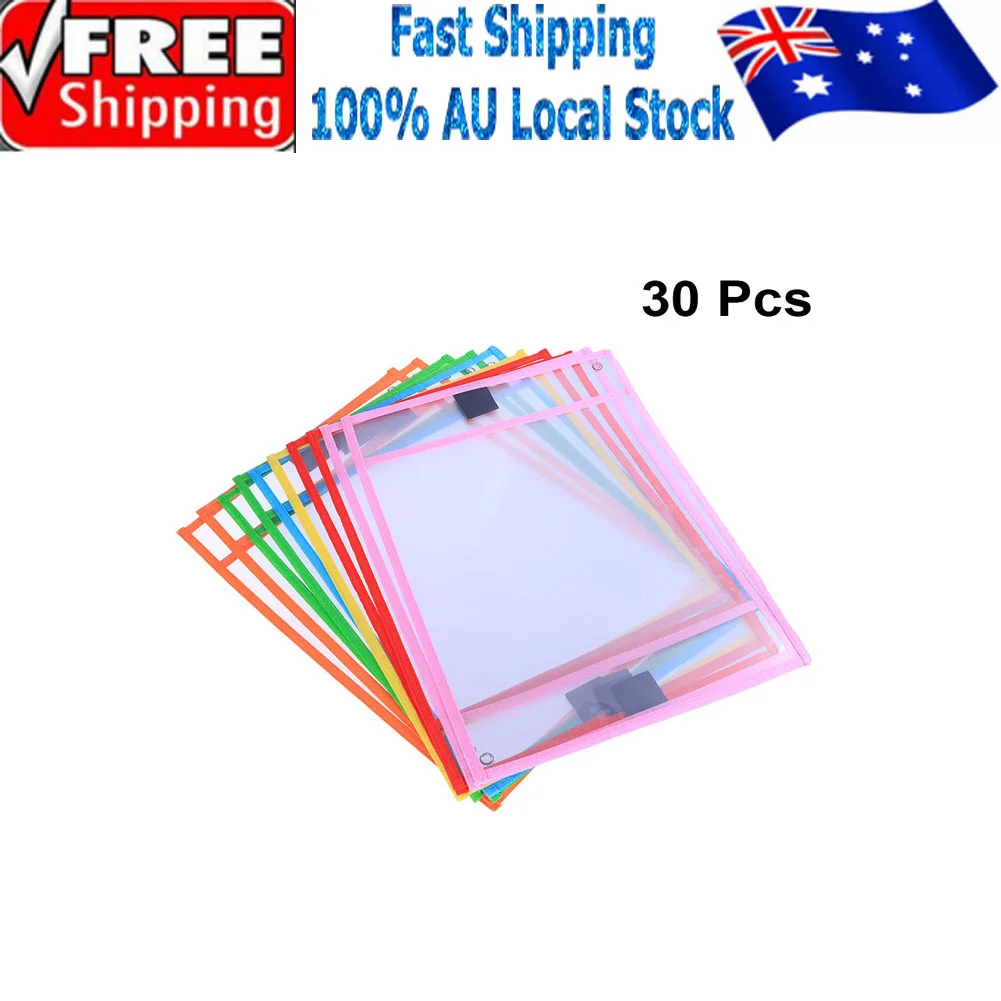 30 Pcs Write and Wipe Pockets Resuable Dry Erase Tuition Bag Multicolor Sleeves