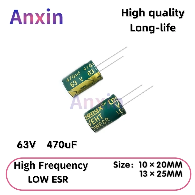 

10PCS 63V470uF Aluminum Capacitor, High Frequency Low ESR 105°C Radial for Power Supply Long-life 13×20MM 10×20MM