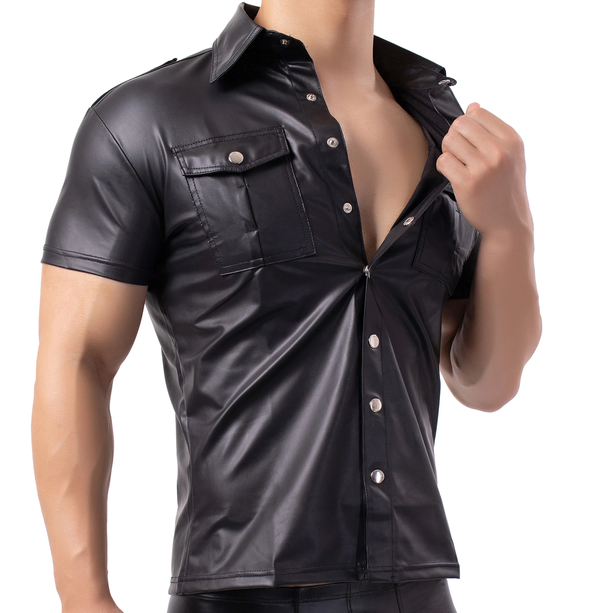 Mens Imitation Leather Shirt Nightclub Stage DS Performance Clothes Sexy Wetlook Button Up T-Shirts Clubwear Latex Fetish Shirts