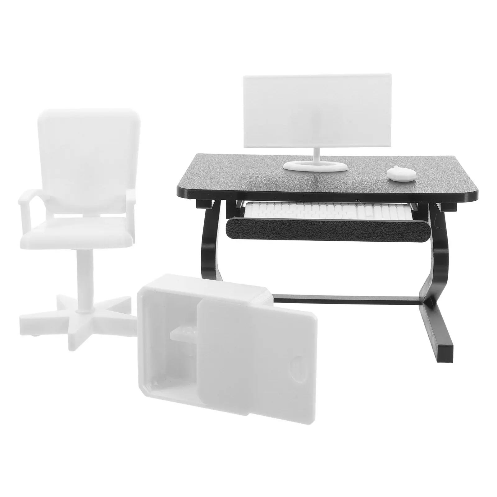 

1 комплект миниатюрной офисной мебели, реалистичный набор в масштабе 1:12: стол, стул, компьютерные аксессуары для декора кукольного домика, для коллекционеров