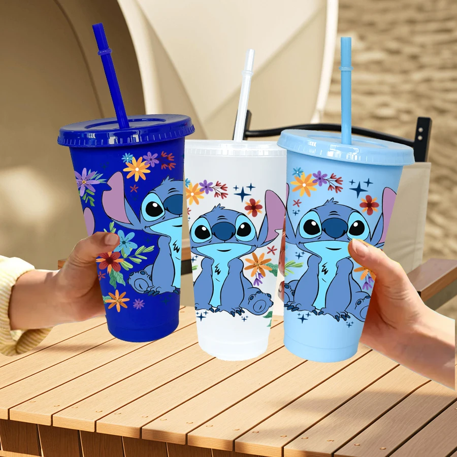 12 sztuk/opakowanie Disney Stitch kwiatowy kubek na wodę 770 ml wielokolorowy plastikowy zestaw do napojów na przyjęcie urodzinowe/powrót do szkoły