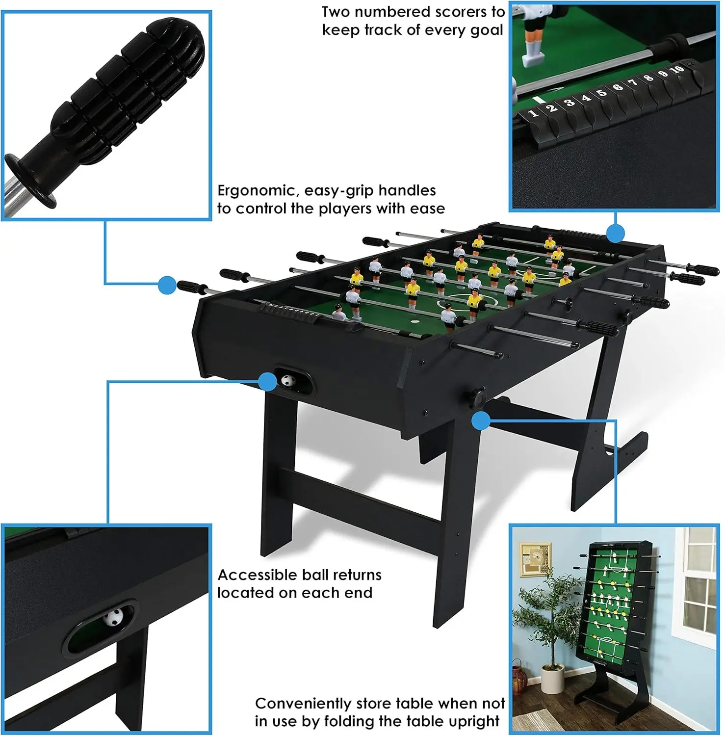 48-Inch Indoor Folding Foosball Table - Hollow Metal Rods - Space Saving Design