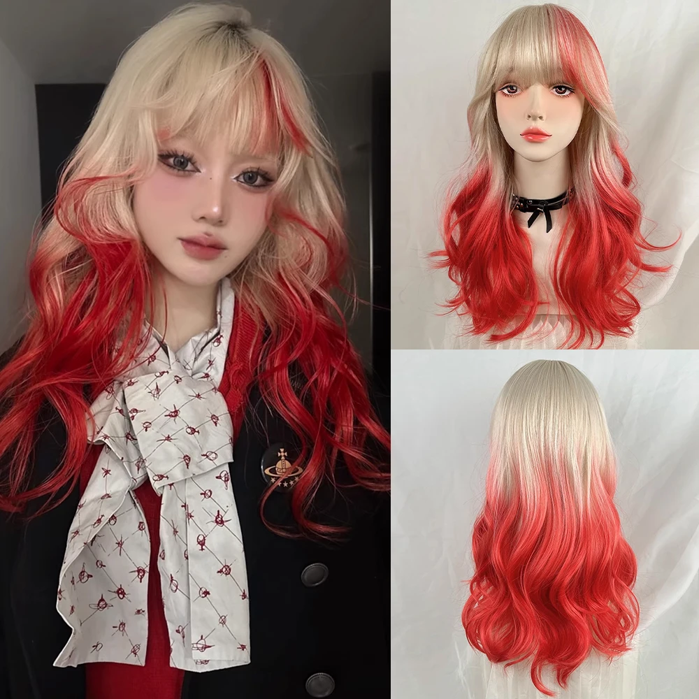 VICWIG Women Synthetic Wig Highlights Lolita Cosplay Fluffy Wig with Bangs for Daily Party Long Wavy Blonde Ombre Red