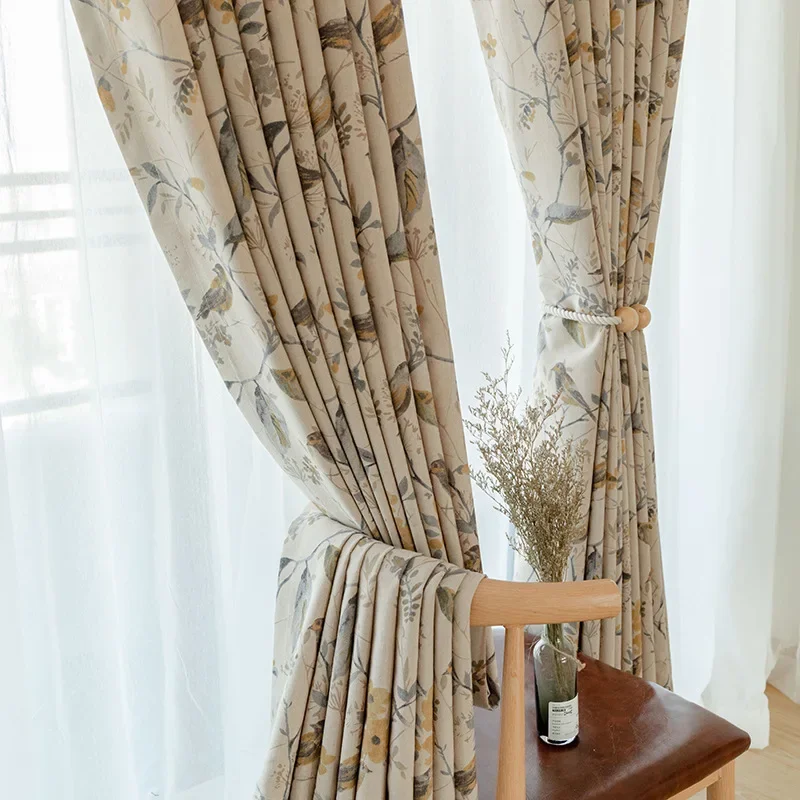 Cotton Linen Curtains for Living Room Beige Branch Printed Window Curtain for Bedroom Vintage Window Drapes Blind Panels Decor