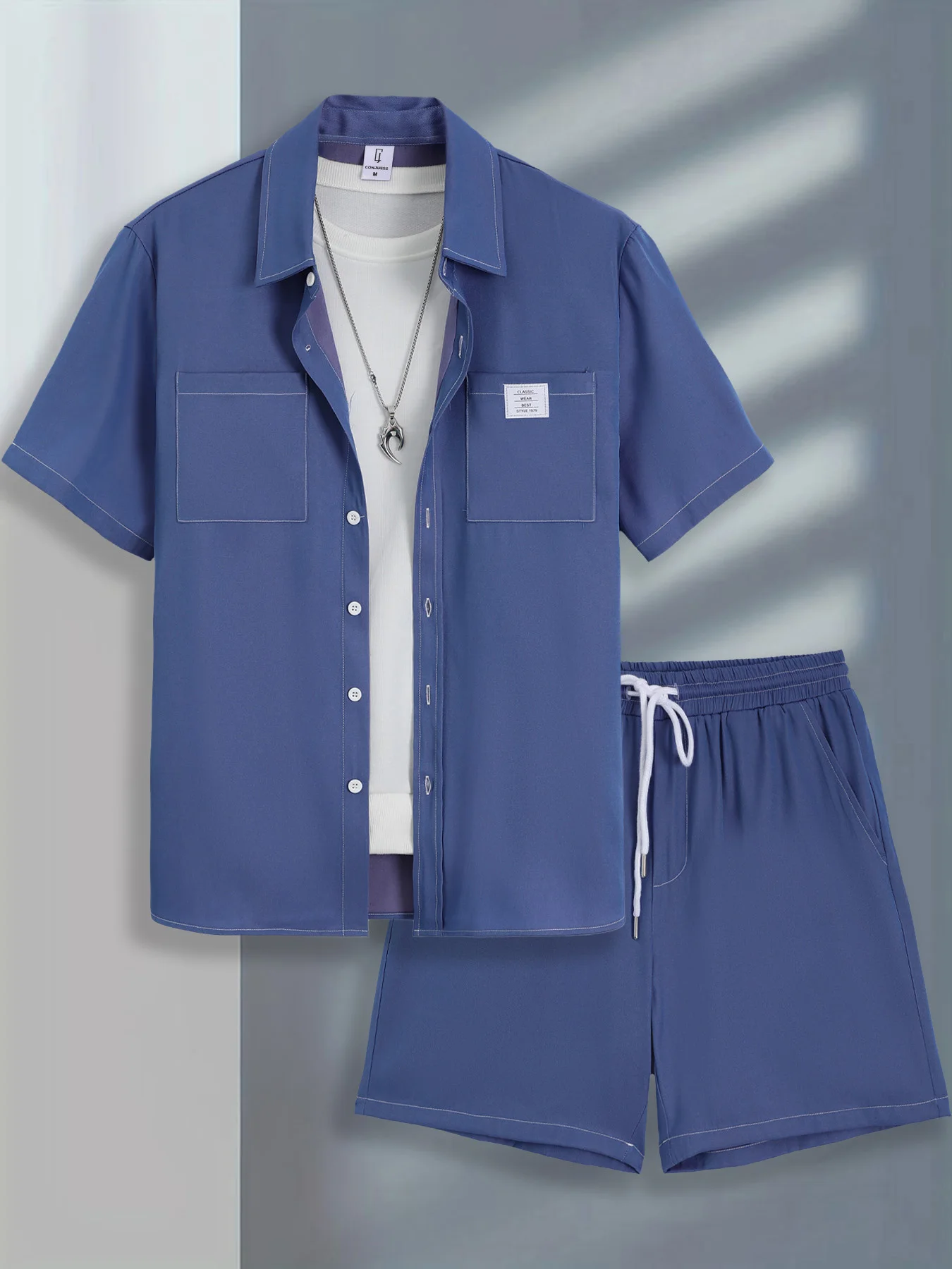 

Men's 2 Piece Haze Blue Workwear Set, Lapel Short Sleeve Shirt & Drawstring Shorts Summer Smart Casual Outfit