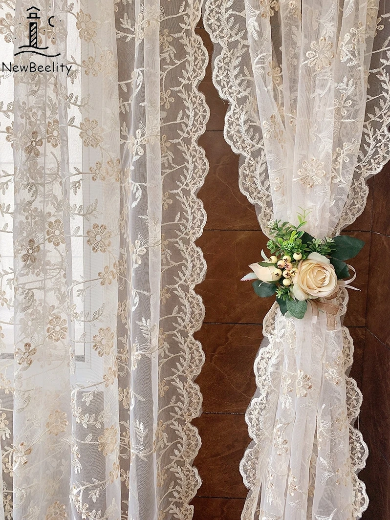 

American Style Retro Beautiful Romantic Coffee Semi Short Embroidered Long Curtain for Kitchen Door Curtain Window Decor Valance