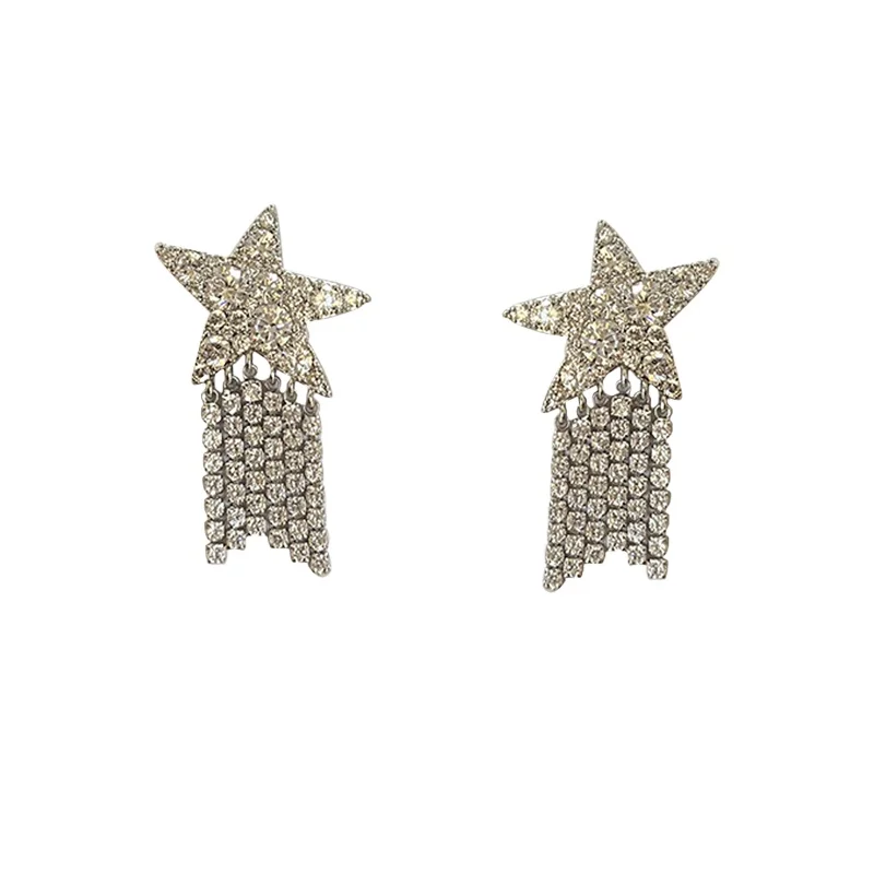 

Temperament exquisite full diamond five-pointed star fringed earrings high-end texture fashion earrings