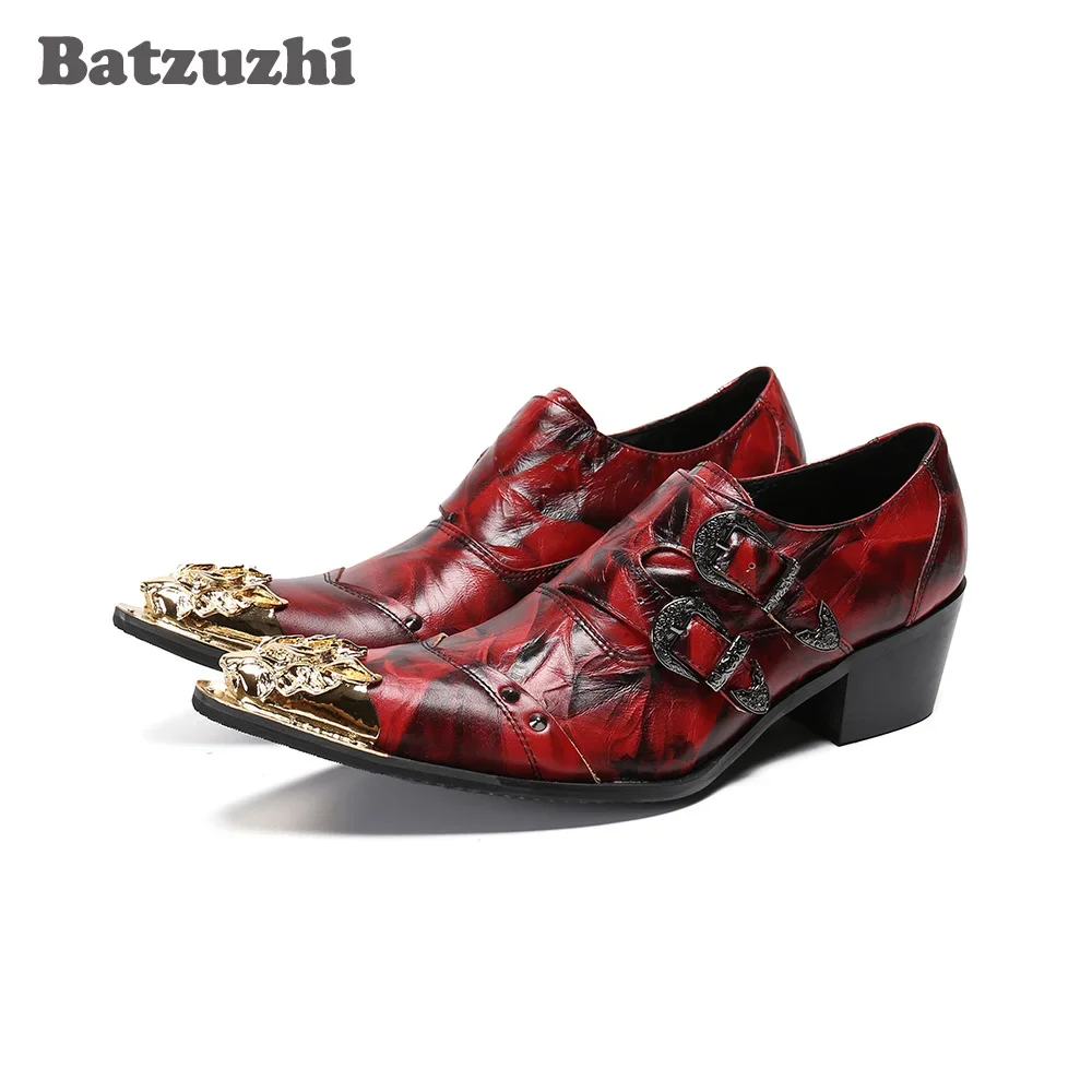 

Batzuzhi Red Leather Dress Shoes Men Fashion Men Shoes Golden Metal Toe Punk Party Leather Shoes for Men Wedding, Big Size US12