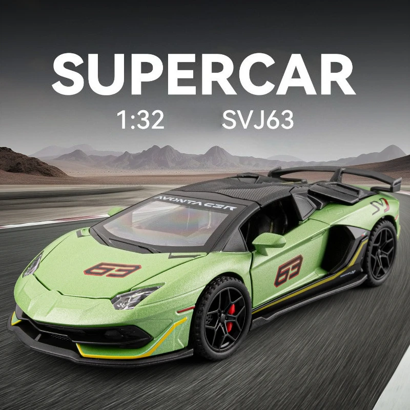 รถโมเดลจำลอง Aventador SVJ63 ซูเปอร์คาร์ ขนาด 1:32 ผลิตจากโลหะผสม พร้อมเสียงและไฟ มีระบบดึงหลัง ของสะสม ของเล่นเด็ก ของขวัญ