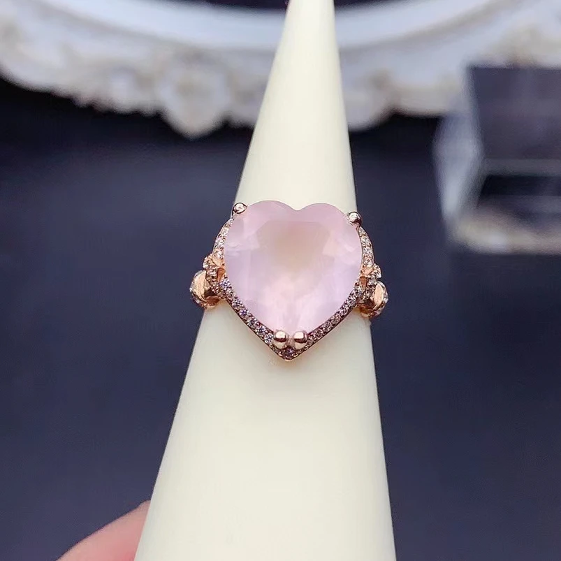 

Heart Shape Natural Rose Quartz Ring for Wedding 8ct Pink Quartz Silve Ring Classic 925 Silver Gem Jewelry with Gold Plated