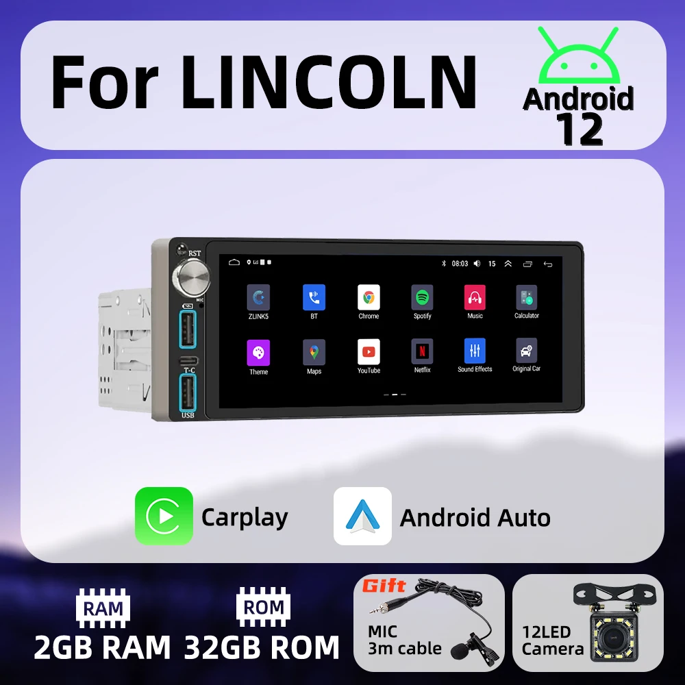 

Wireless Carplay Android Auto Autoradio 6.86" 1Din Radio Android Car Multimedia for LINCOLN Stereo Head Unit GPS Navigation Wifi